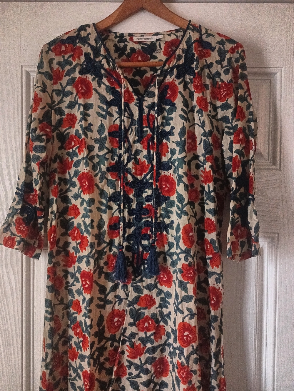 Roller Rabbit Red Floral with Navy Embroidery maxi  kaftan dress